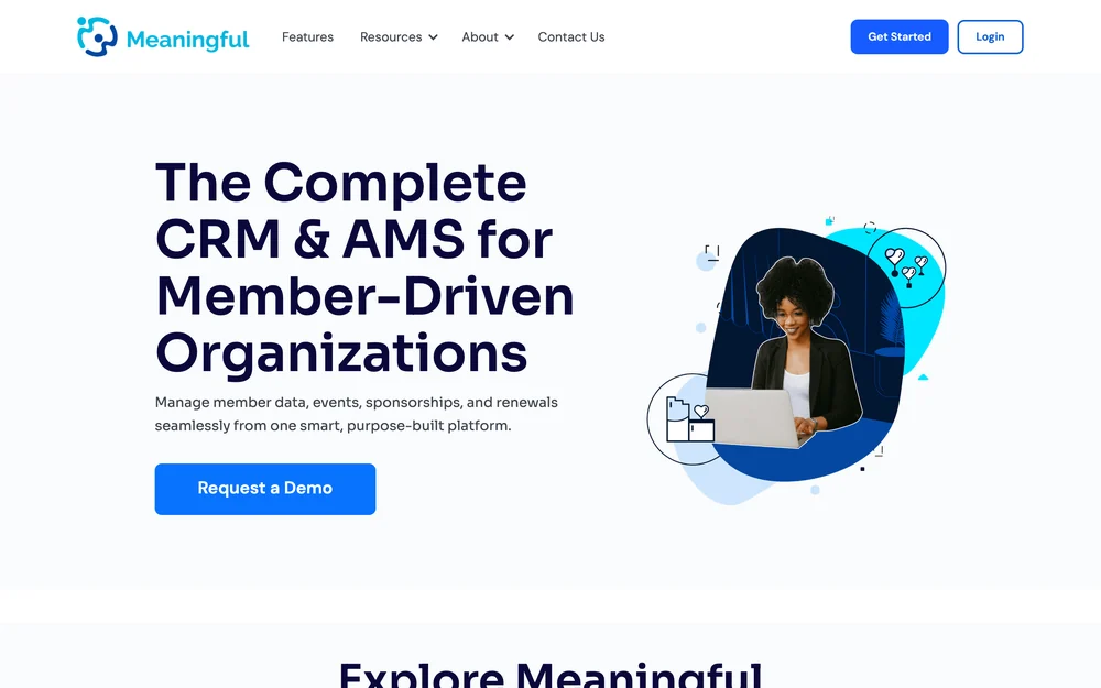 The Meaningful features page, showing its CRM and AMS for member-driven organizations
