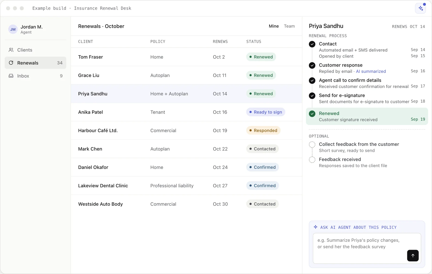 Example build: an insurance renewal desk showing October renewals and an AI-assisted renewal timeline